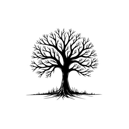A striking silhouette of a bare tree with intricate branches and roots against a clean white backdrop, symbolizing growth and connection to nature.のイラスト素材