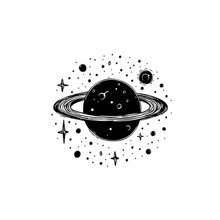 A minimalist black and white illustration of Saturn surrounded by stars, ideal for space enthusiasts and design projects.のイラスト素材