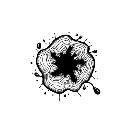 Abstract illustration of an inkblot with a star shape in the center, surrounded by organic lines and splatters. Black and white design, suitable for background or decoration.のイラスト素材