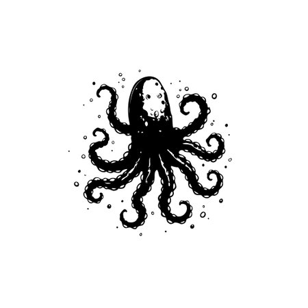 A monochrome illustration of an octopus with curled tentacles, isolated on a white background. Perfect for designs that require a touch of marine wildlife.のイラスト素材