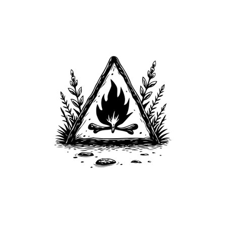 An evocative hand-drawn illustration of a bonfire with flames and bones within a triangle frame, set against a white backdrop, perfect for adding a touch of rustic charm and vintage flair.のイラスト素材