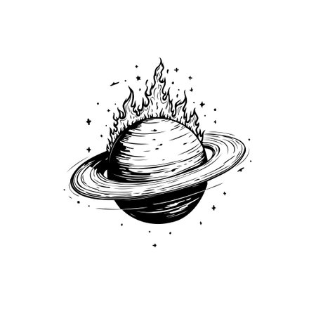 A captivating black and white illustration showcasing a planet engulfed in flames, symbolizing cosmic destruction and celestial phenomena, set against the backdrop of space and stars.のイラスト素材