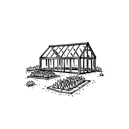A minimalist black and white illustration depicts a greenhouse surrounded by plants, highlighting themes of gardening and cultivation.のイラスト素材