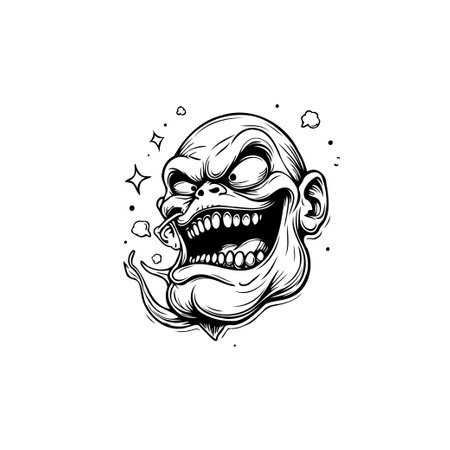 A menacing cartoon monkey head with a sinister grin. The artwork is a detailed black and white illustration, perfect for various design and creative projects.のイラスト素材