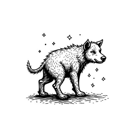 Whimsical monochrome illustration of a hyena standing. The artwork features a cute, stylized drawing with sparkling star accents, perfect for various design purposes.のイラスト素材