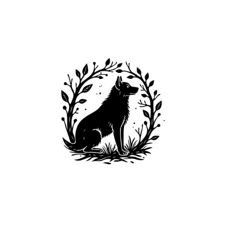 A striking black and white illustration of a dog sits framed within a circle of branches and foliage, perfect for nature-themed or pet-related projects.のイラスト素材