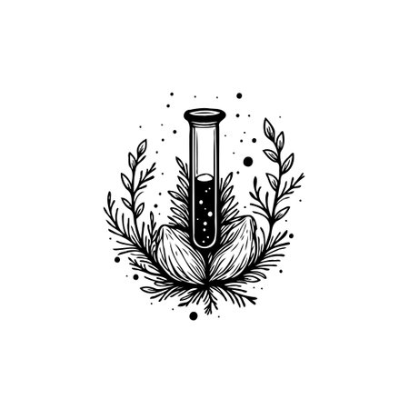 A decorative illustration showcases a test tube nested within botanical elements, suggesting a blend of science and nature.のイラスト素材