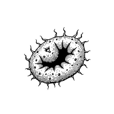 This is a detailed black and white engraving-style illustration of a microscopic organism. It has spiky projections around its edge and an interesting interior structure.のイラスト素材