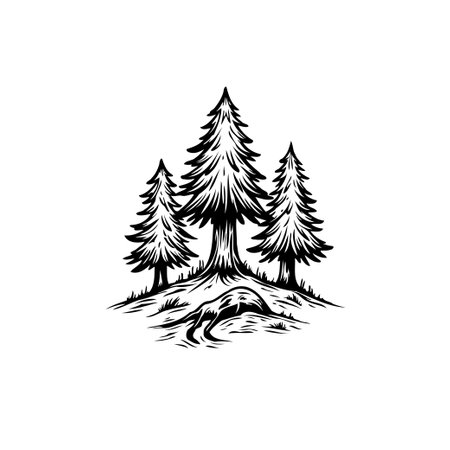 A monochrome illustration showcasing a tranquil forest setting, featuring towering evergreen trees and a picturesque landscape, perfect for nature-themed designs.のイラスト素材
