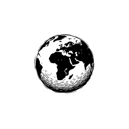 A minimalist black and white illustration of the earth globe, highlighting continents and offering a graphic design for travel or exploration concepts.のイラスト素材