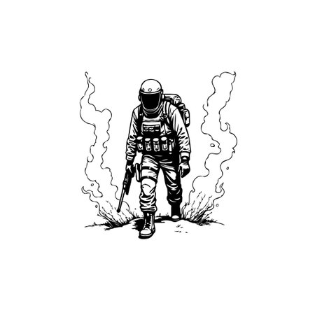 A detailed line art illustration depicts a futuristic soldier advancing through smoke, showcasing a blend of tactical and science fiction elements.のイラスト素材