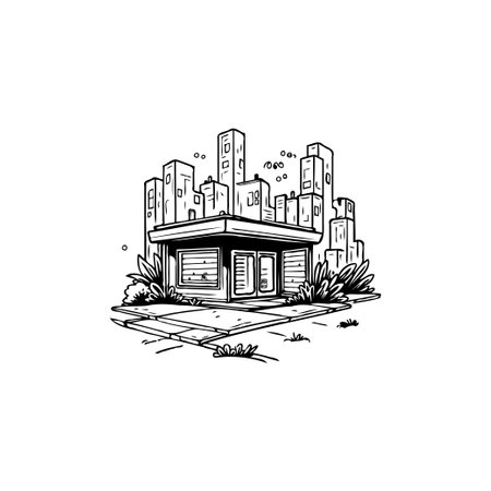 An abstract cityscape features a prominent building surrounded by stylized skyscrapers, rendered in a clean black and white outline, creating a modern graphic.のイラスト素材