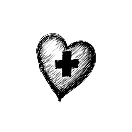 Abstract grunge heart shape with a cross symbol, vector illustration for a medical or health-related concept. Hand-drawn sketch style artwork on white background.のイラスト素材