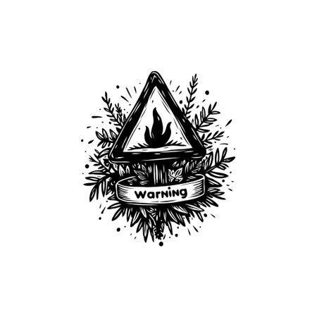 A black and white illustration features a warning sign for flammable materials, framed with botanical elements, conveys a sense of danger mixed with organic design.のイラスト素材