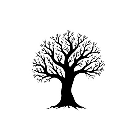 A minimalist black tree silhouette on a white background. Ideal for graphic design, nature themes, and autumn-related projects. A simple, elegant, and versatile image.のイラスト素材