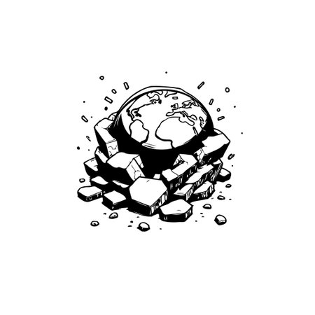 This image symbolizes the earth resting on crumbling rocks, representing environmental issues and the fragility of our planet. It underscores the danger of climate change and destruction.のイラスト素材