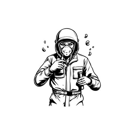 Isolated black and white vector illustration of a person wearing protective gear, potentially in a hazardous environment or lab setting.のイラスト素材