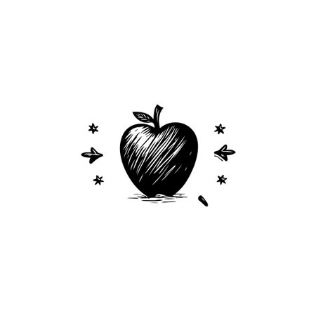 A charming hand-drawn illustration of an apple with starburst accents, ideal for adding a touch of rustic elegance to your creative projects.のイラスト素材