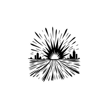 A black and white vector illustration shows a burst of sunbeams behind an abstract city skyline, creating an artistic, decorative design.のイラスト素材