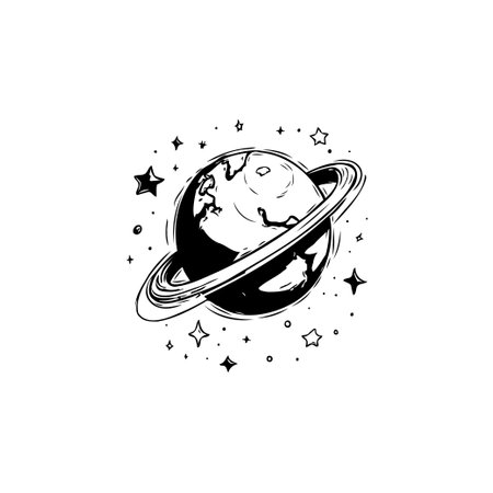 An enchanting black and white illustration of a planet with prominent rings, surrounded by twinkling stars, ideal for space themed projects.のイラスト素材