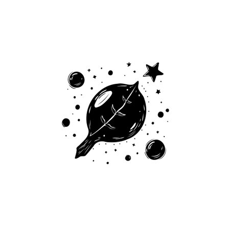 An abstract illustration depicts a leaf amidst celestial elements, rendered in a striking black and white color palette. This artwork blends nature and the cosmos.のイラスト素材