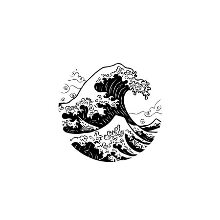A minimalistic illustration of a Japanese Great Wave in a black and white color scheme. The illustration shows the power and beauty of nature.のイラスト素材