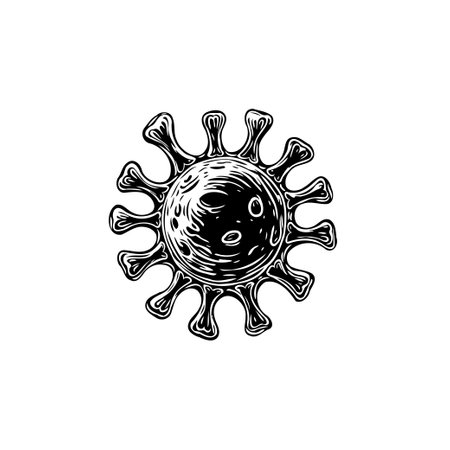 Black and white vector illustration of a Coronavirus virion. Perfect for medical, scientific, or public health content related to the ongoing pandemic.のイラスト素材