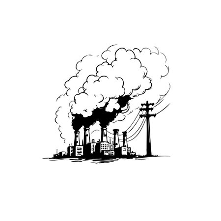 Illustration depicts a factory emitting heavy smoke, highlighting industrial pollution and its environmental impact. A nearby power line silhouette accentuates the energy production aspect.のイラスト素材