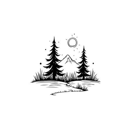 A minimalist illustration featuring a mountain landscape with trees and a sun. This black and white artwork creates a peaceful and natural scene.のイラスト素材