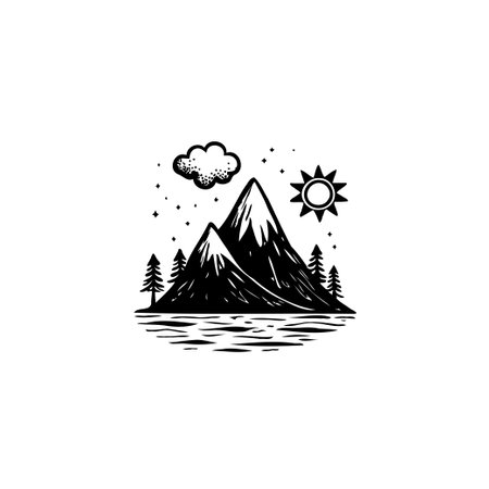 A minimalist hand-drawn illustration of a mountain peaks landscape with a stylized sun and clouds, perfect for representing outdoor adventures and nature.のイラスト素材