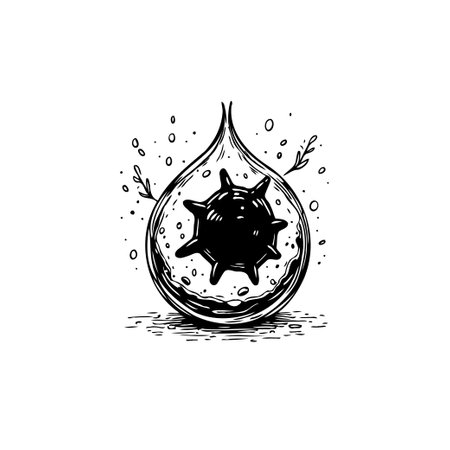 This image depicts a stylized water droplet with a spiked sphere inside, likely representing pollution or water contamination, highlighting environmental and health concerns.のイラスト素材