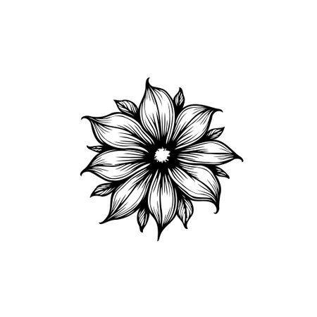 A detailed black and white illustration of a flower with line art, showcasing intricate details. Perfect for nature, botanical, or graphic design projects.のイラスト素材