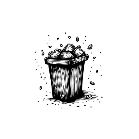 A minimalist black and white vector illustration showcases an overflowing trash can, symbolizing waste and environmental issues.のイラスト素材