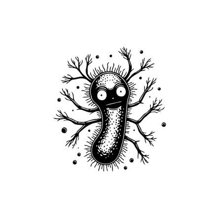 Stylized black and white cartoon microbe illustration, complete with humorous facial expression, conveying a lighthearted take on microorganisms.のイラスト素材