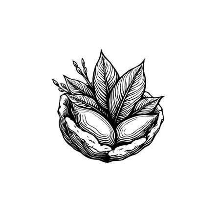 A detailed, monochrome illustration showcases almonds nestled amidst foliage. The hand-drawn style adds an artistic touch, emphasizing the natural, organic qualities.のイラスト素材