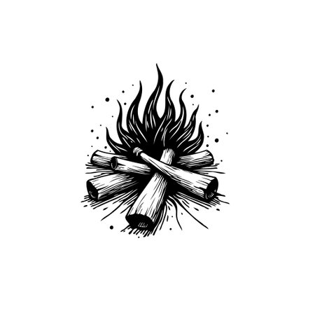 A black and white engraving style illustration of a campfire. Logs and flames evoke warmth, survival, and outdoor adventure. Great for camping or nature themes.のイラスト素材