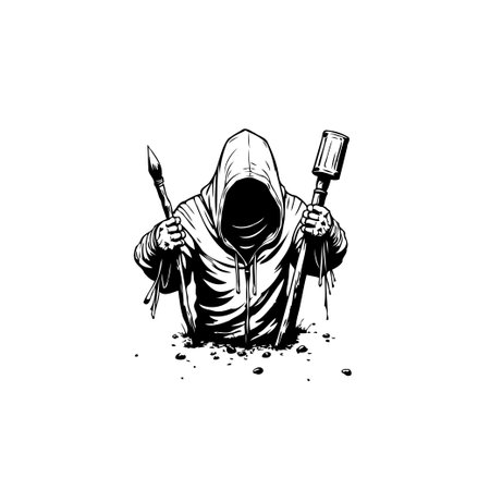 A mysterious hooded figure, face obscured, emerges holding a paintbrush and paint roller, embodying creative expression and artistic anonymity.のイラスト素材