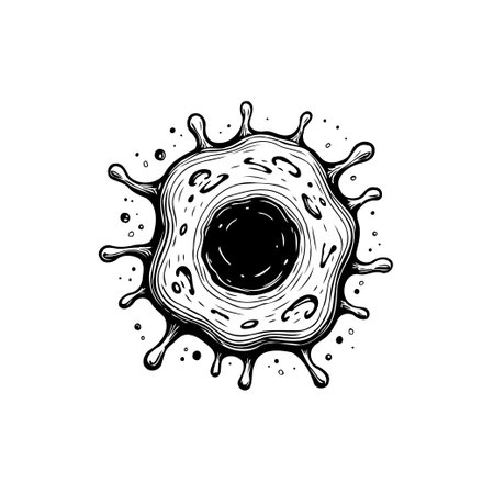 A detailed black and white illustration depicts a stylized virus cell with prominent spikes, representing scientific concepts and medical issues.のイラスト素材