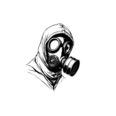 This artwork shows a person wearing a gas mask with a hooded shirt. The gas mask suggests danger from chemicals, toxic air, virus and pollution.のイラスト素材