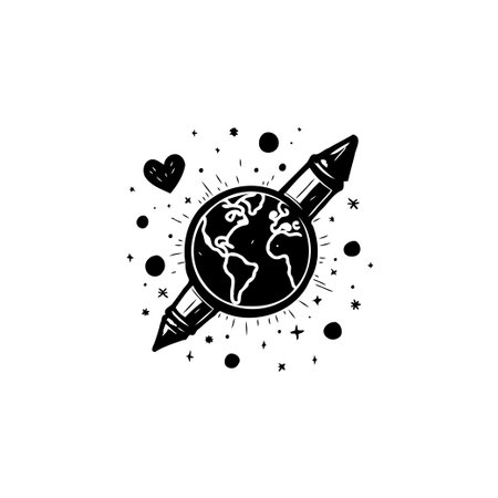 An illustration featuring a pencil piercing through a globe, symbolizing creativity, global education, and the power of imagination to shape the world.のイラスト素材