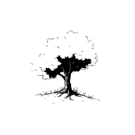 A monochrome tree illustration showcasing intricate branches and foliage. The artwork evokes a sense of nature and tranquility, suitable for diverse design applications.のイラスト素材