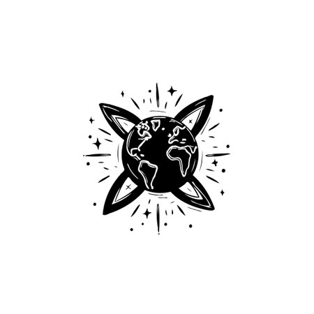 Stylized graphic illustration of the earth, surrounded by stars, symbolizing global reach, cosmic influence, and the interconnectedness of our world.のイラスト素材