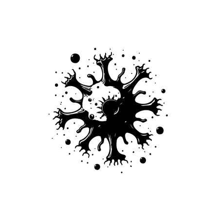 Monochrome artistic representation of a cell or virus. The illustration features irregular shapes and texture, conveying a sense of microscopic exploration and scientific inquiry.のイラスト素材
