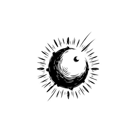 A minimalist monochrome illustration of a celestial body with radiating lines, creating an abstract and artistic representation of space and cosmos.のイラスト素材