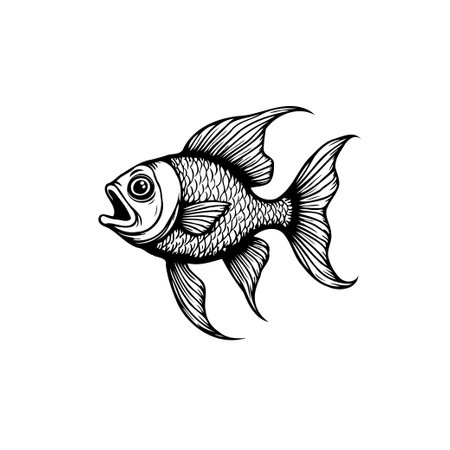 A detailed black and white illustration showcases a stylized fish with its mouth open, capturing a unique and artistic underwater creature design.のイラスト素材
