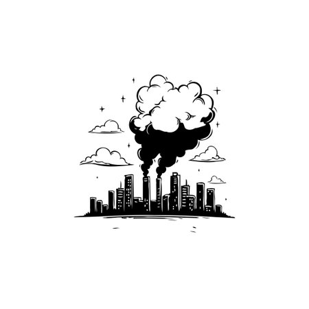 A black and white illustration shows a city skyline shrouded in dark smoke, symbolizing pollution and environmental concerns.のイラスト素材