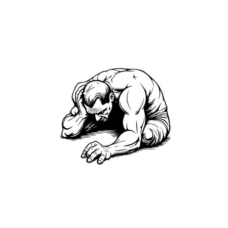 A striking black and white sketch shows a muscular man hunched over, expressing deep sorrow and distress. The detailed linework captures his emotional turmoil and physical strength.のイラスト素材