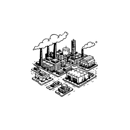 Isometric illustration of a factory complex emitting smoke, highlighting industrial activities and their impact on the environment in a monochrome artistic style.のイラスト素材