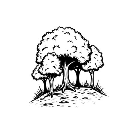 A monochrome illustration depicts a group of trees on a small hill. The graphic style presents a calm, natural scenery suitable for various design projects.のイラスト素材