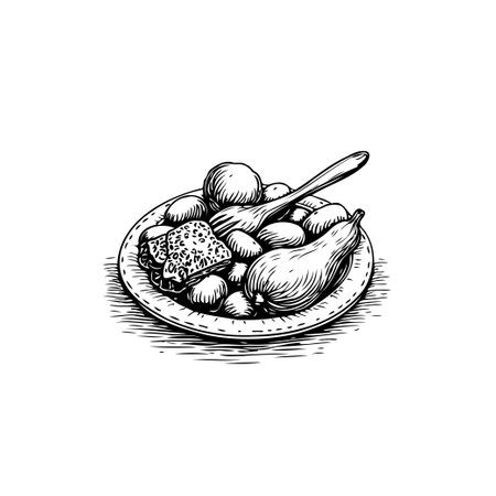 A beautiful monochrome sketch of a plate laden with a hearty meal, featuring squash, potatoes, and a fork. The etching style gives a vintage, artistic feel.のイラスト素材